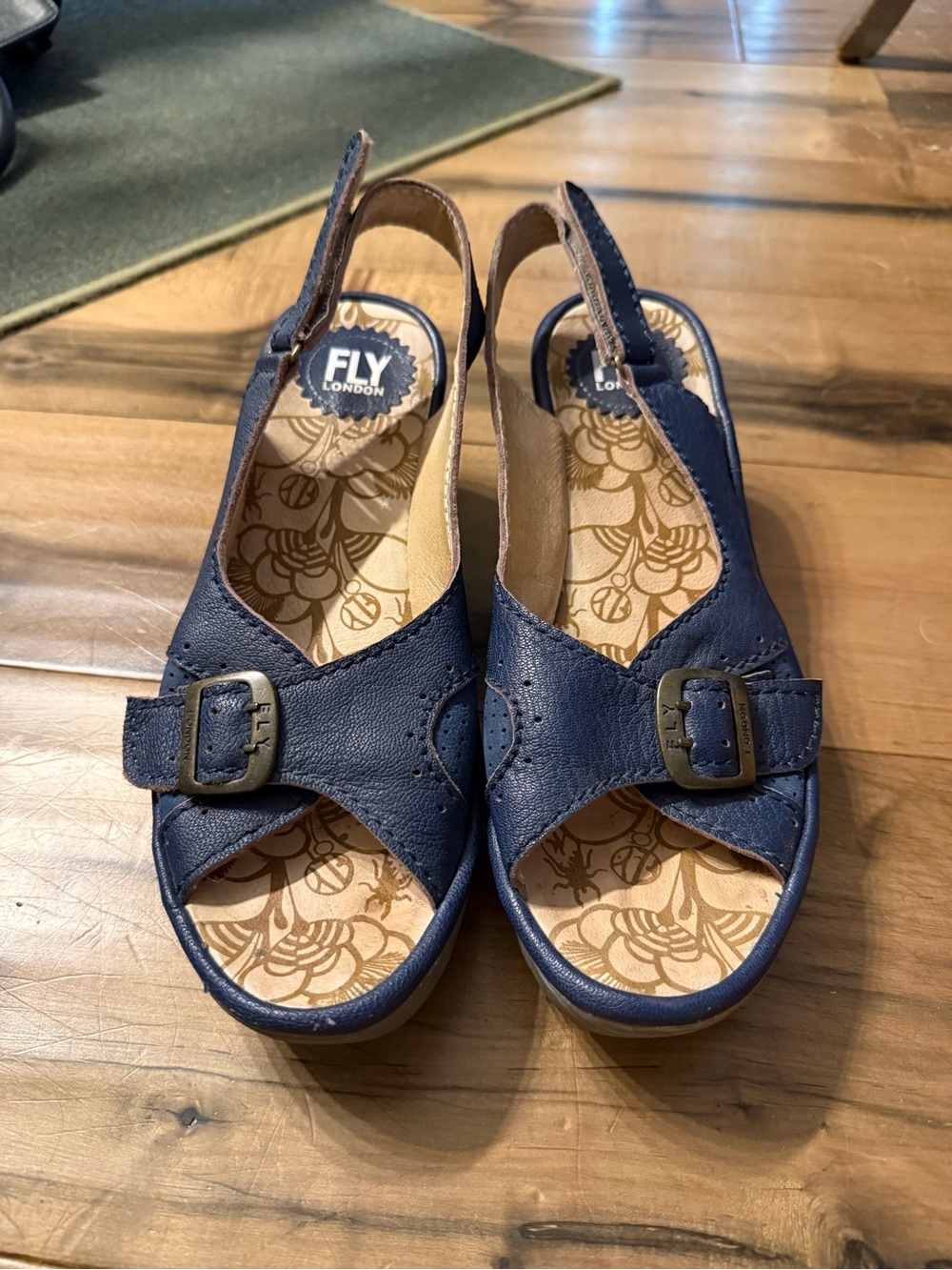 Fly London Navy Blue Buckle Slingback Sandals